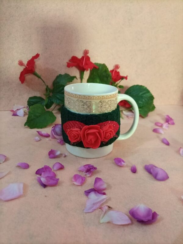 Handmade Crochet Cozy Mug Cover – Green with Red Floral Accents
