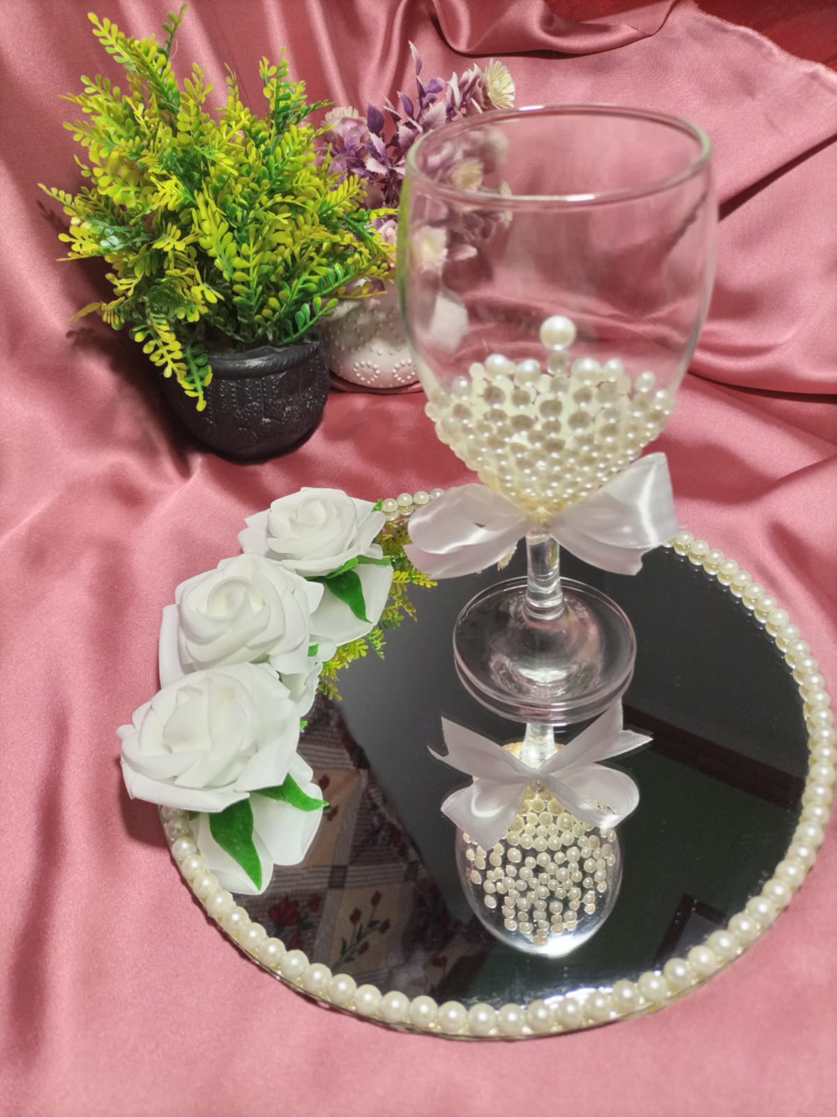 Royal White Doodh Pilai Glass with Mirror Tray – Wedding Ceremony Set