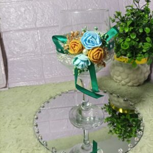 Handcrafted Floral Decorative Wine Glass with Ribbon & Pearl Accents